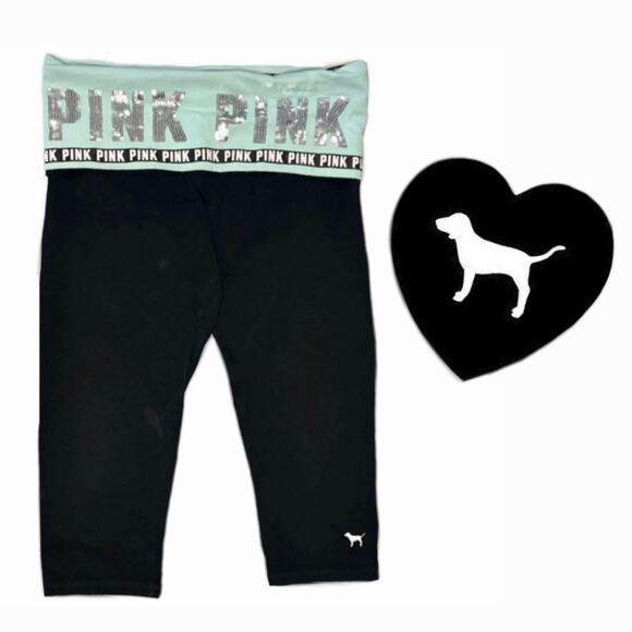 Y2K Victorias Secret Pink Yoga Crop Foldover Leggings Sequin Medium Black Teal - Picture 1 of 8